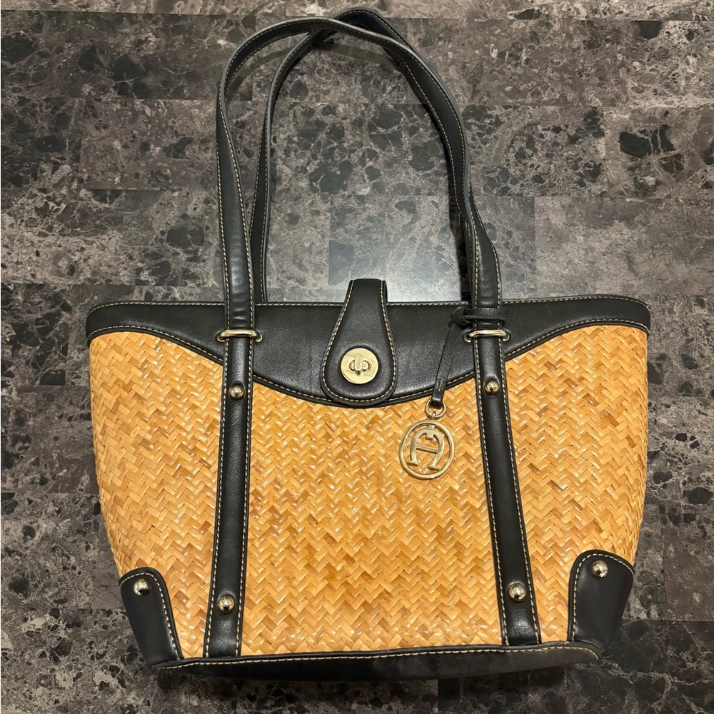 Etienne Aigner Wicker & Black Leather Trim Tote Bag Vintage Shoulder Purse
